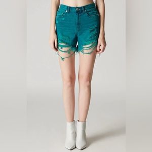 BLANK NYC Vintage High Rise Teal Distressed Jean Shorts